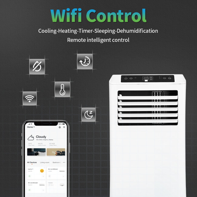 Mobiele airco Wifi ontvochtigen en ventileren met raamafdichting en luchtreiniger 7000btu