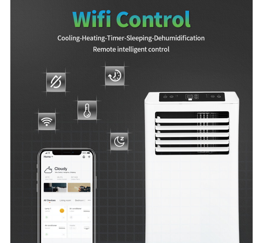 Mobiele airco Wifi ontvochtigen en ventileren met raamafdichting en luchtreiniger 7000btu