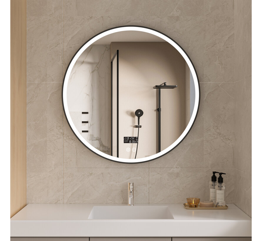 Smart spiegel rond 80cm zwart frame met led verlichting, anti-condens en wifi