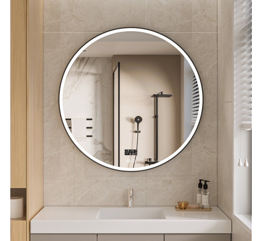 Smart spiegel rond 100cm zwart frame met led verlichting, anti-condens en wifi