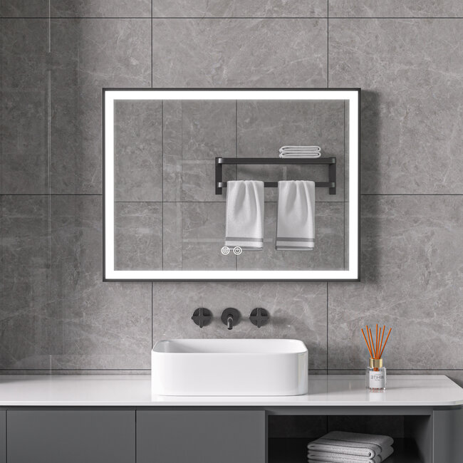 Spiegel met zwart frame, led, anticondens 60 x 60 cm