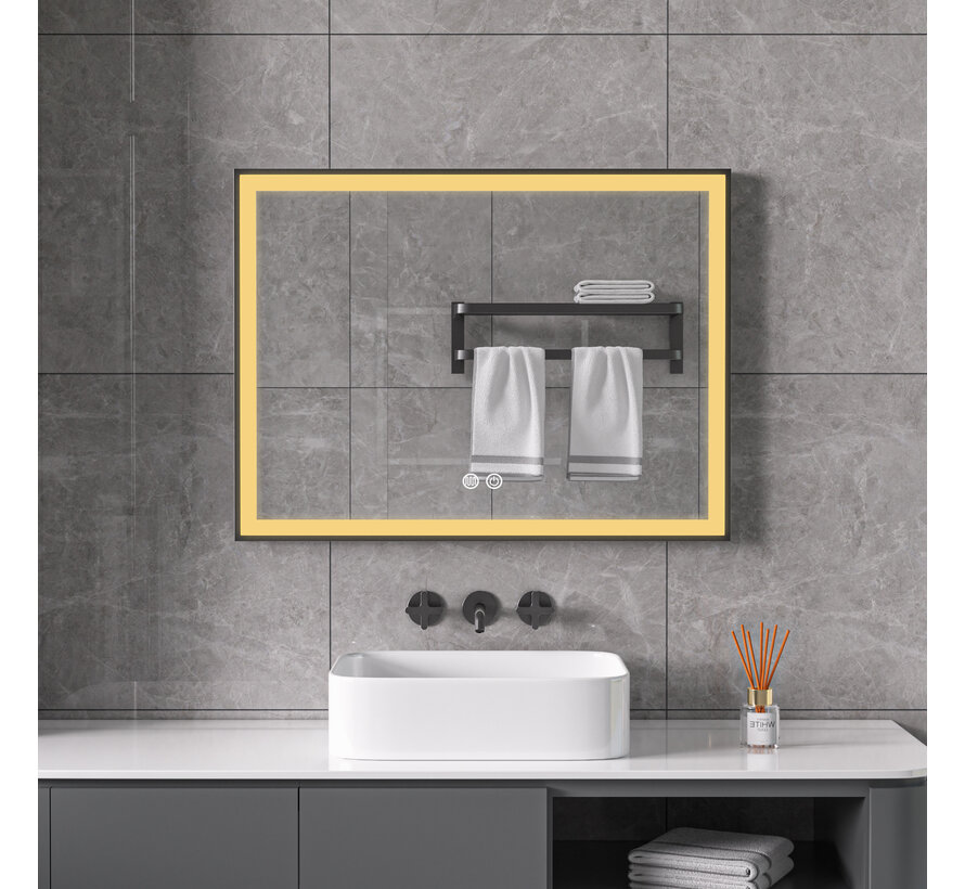 Spiegel met zwart frame, led, anticondens 60 x 60 cm