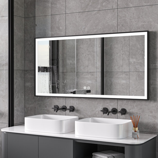 Spiegel met zwart frame, led, anticondens 75 x 125cm