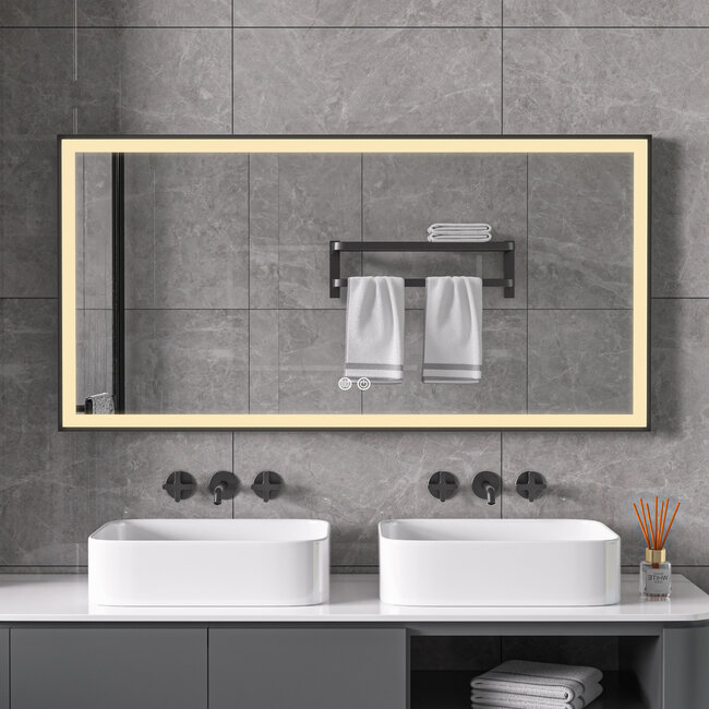 Spiegel met zwart frame, led, anticondens 75 x 125cm