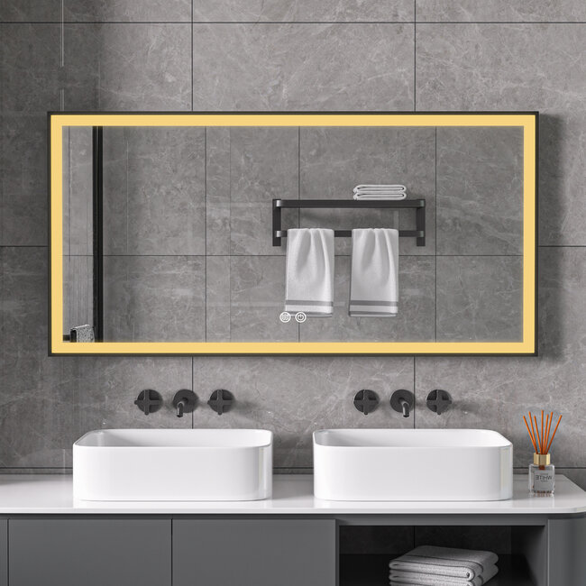 Spiegel met zwart frame, led, anticondens 75 x 125cm