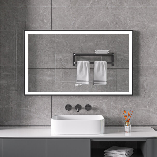 Spiegel met zwart frame, led, anticondens 60 x 100 cm