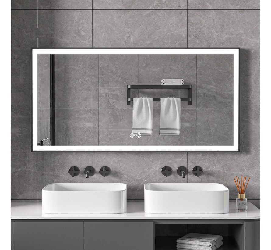 Spiegel met zwart frame, led, anticondens 60 x 120 cm