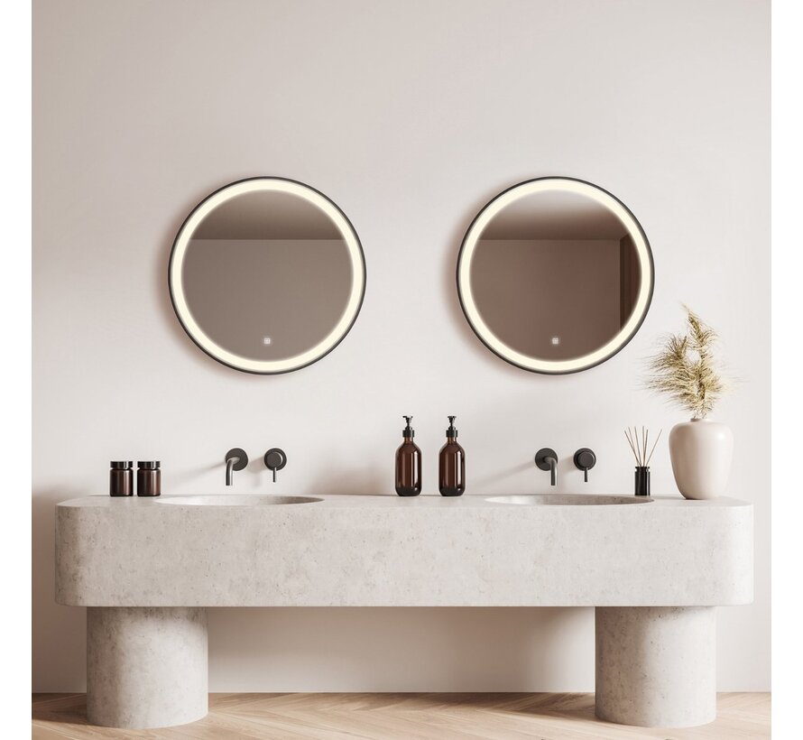 Spiegel rond 60 cm met zwart frame, led verlichting en anti condens