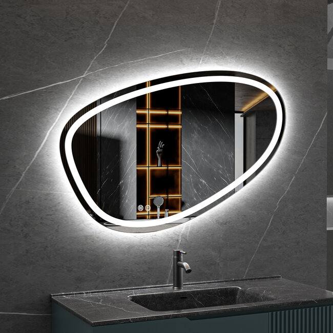 Spiegel asymmetrisch inbouw led verlichting en anti-condens 100cm breed en 65cm hoog