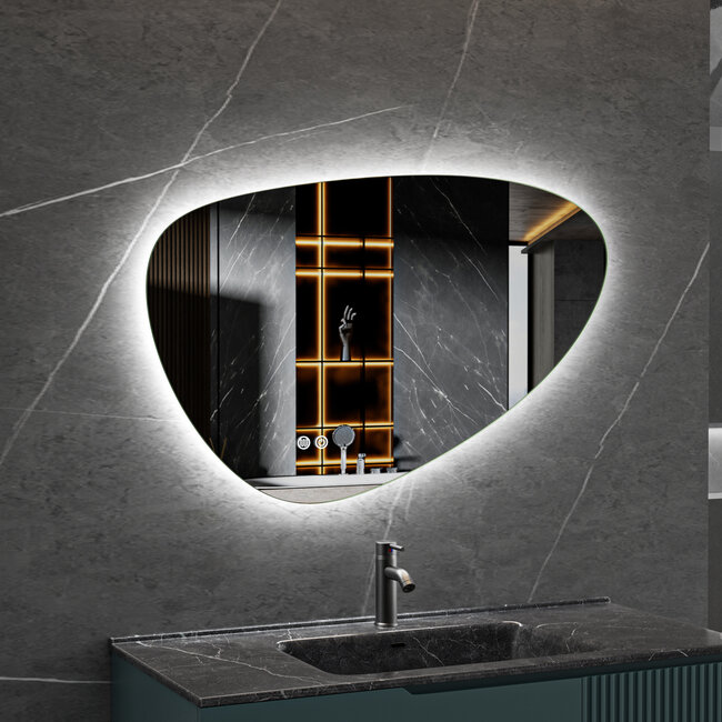 Spiegel asymmetrisch organische led verlichting en anti-condens 140 cm breed en 75 cm hoog
