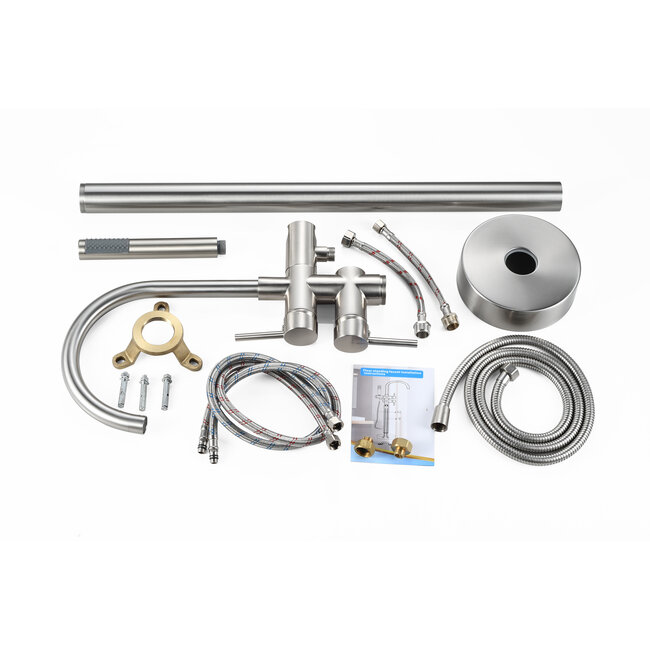 Vrijstaande badmengkraan – inclusief handdouche – brushed steel