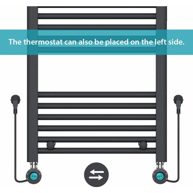 Handdoekradiator Elektrisch met Digitale Thermostaat - Radiator Badkamer - 1200 × 500 mm - Mat zwart - 500 Watt