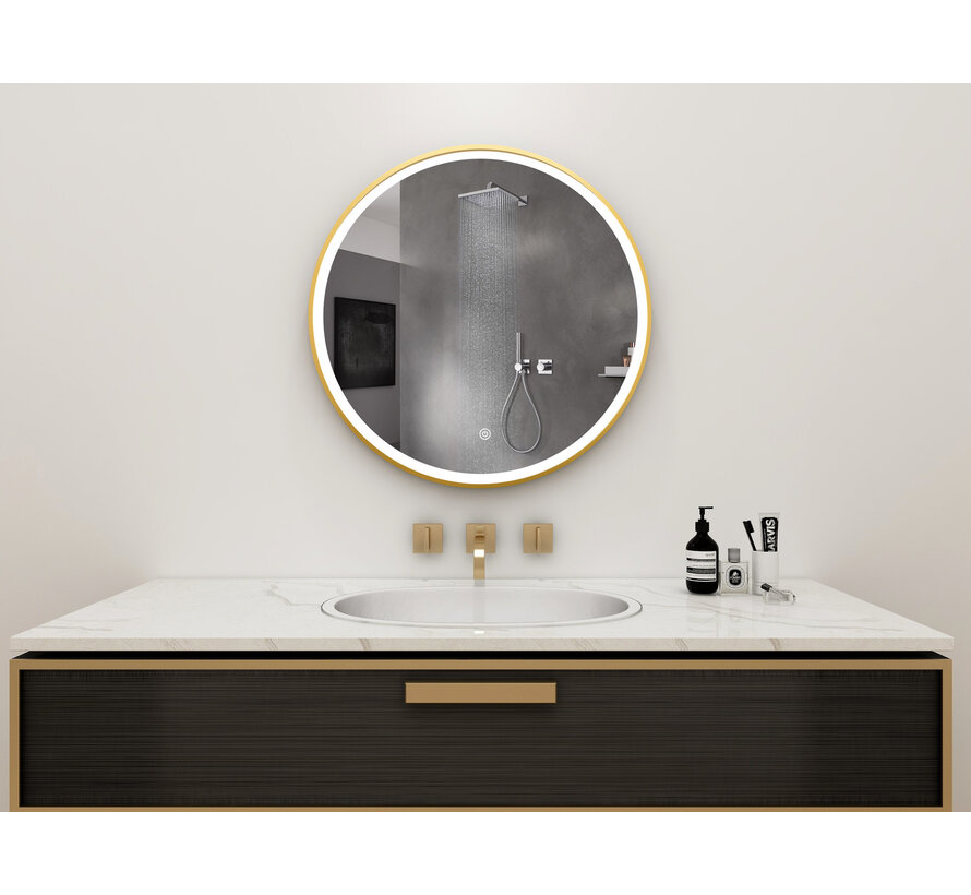 2ekans | Spiegel rond 80 cm met gouden frame, led verlichting en anti condens
