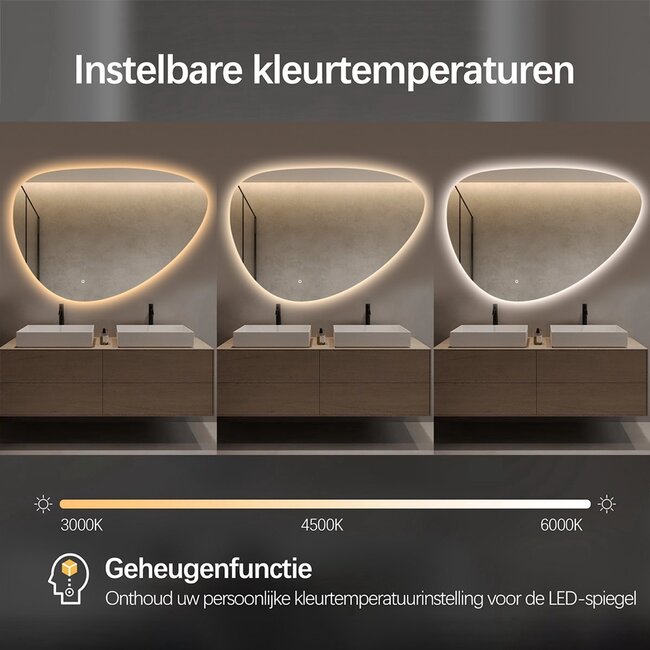 Spiegel asymmetrisch organische led verlichting en anti-condens 120 cm breed en 75 cm hoog