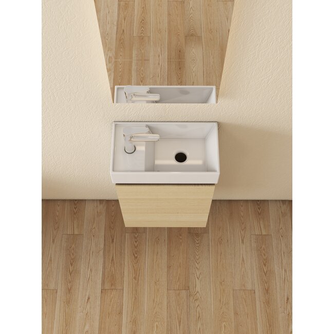 Nurion Toiletmeubel Mees - glanzend witte basin en licht houten kast - 41 x 22,5 x 65 cm