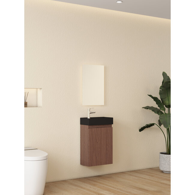 Nurion Toiletmeubel Jule - mat zwarte basin en dinker houten kast - 41 x 22,5 x 65 cm