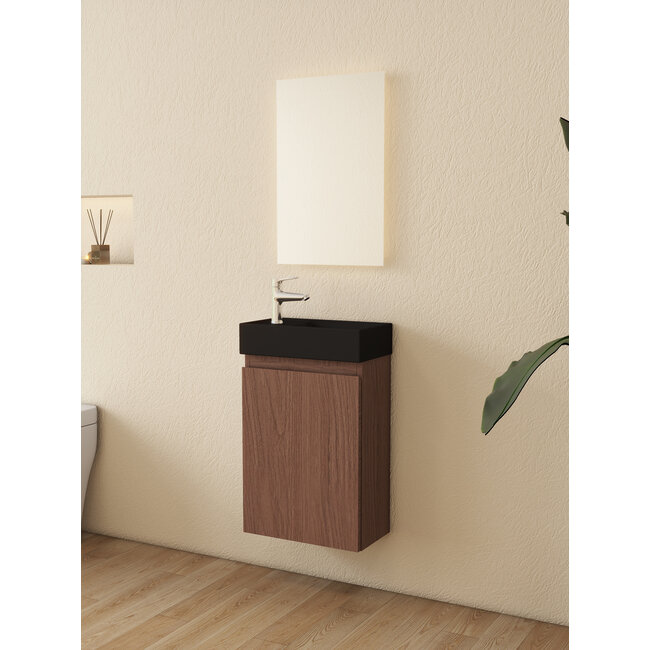 Nurion Toiletmeubel Jule - mat zwarte basin en dinker houten kast - 41 x 22,5 x 65 cm