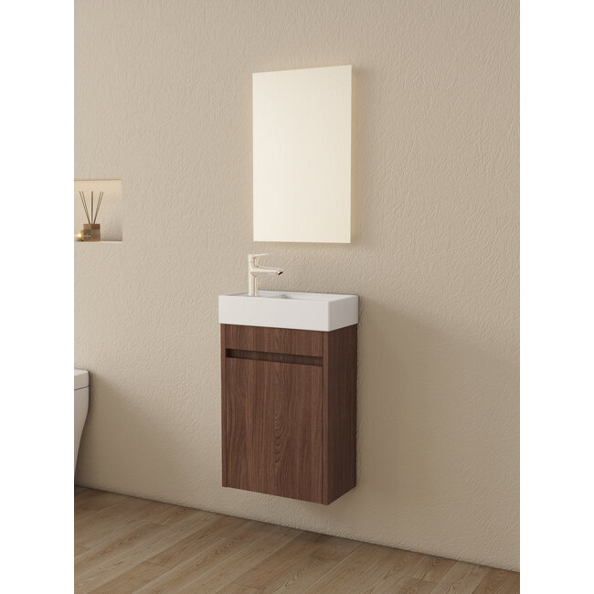 Nurion Toiletmeubel Vince - glanzend witte basin en donker houten kast - 41 x 22,5 x 65 cm