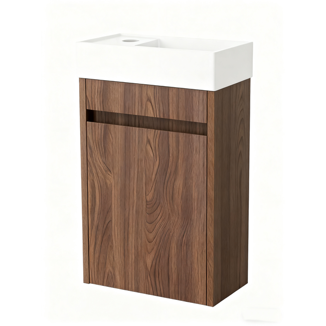 Nurion Toiletmeubel Vince - glanzend witte basin en donker houten kast - 41 x 22,5 x 65 cm