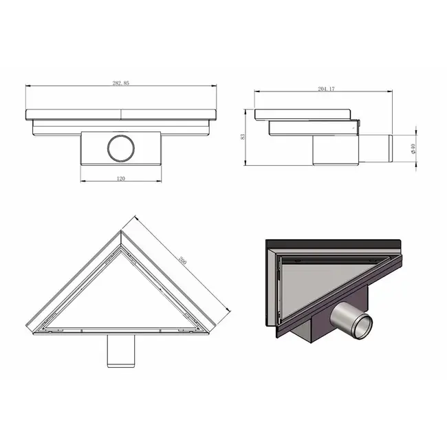 Hoekdrain douchegoot 20 x 28 x 8 cm RVS