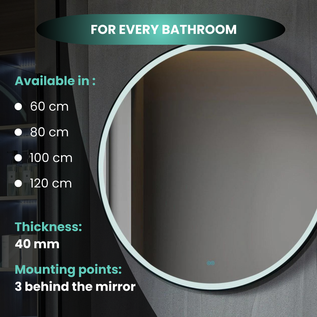 Spiegel rond 120 cm met zwart frame, led verlichting en anti-condens