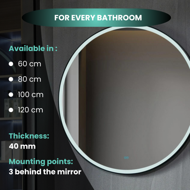 Tweedekans - Spiegel rond 60 cm met zwart frame, led verlichting en anti condens - Default
