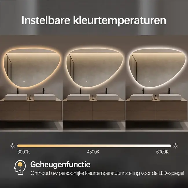 Spiegel asymmetrisch organische led verlichting en anti-condens 140 cm breed en 75 cm hoog