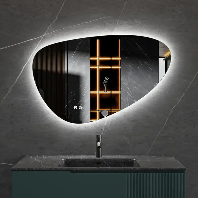 Spiegel asymmetrisch organische led verlichting en anti-condens 140 cm breed en 75 cm hoog