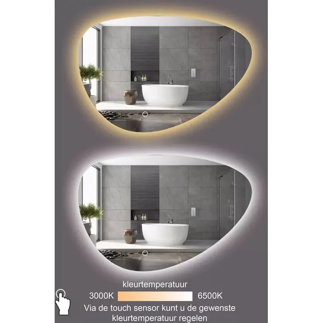 Spiegel asymmetrisch organische led verlichting en anti-condens 90 cm breed en 60 cm hoog