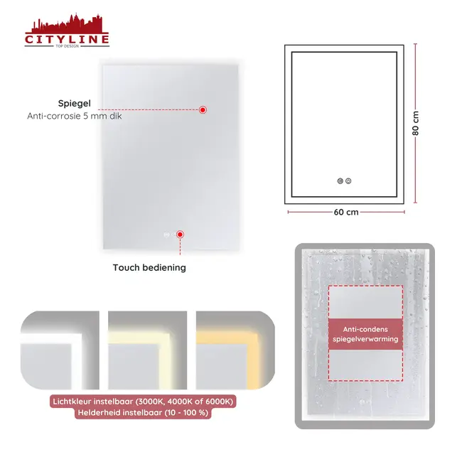 Badkamerspiegel ''Oristano'' led verlichting en anti-condens