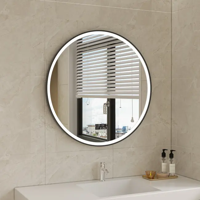Smart spiegel rond 80cm zwart frame met led verlichting, anti-condens en wifi