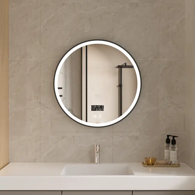 Smart spiegel rond 80cm zwart frame met led verlichting, anti-condens en wifi