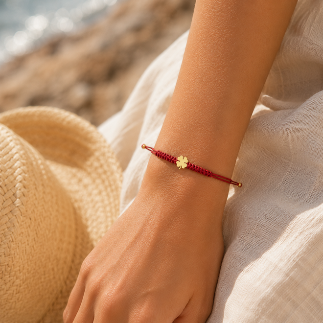 Franky's Treasure Klaver Satijnkoord Armband 18K Goud