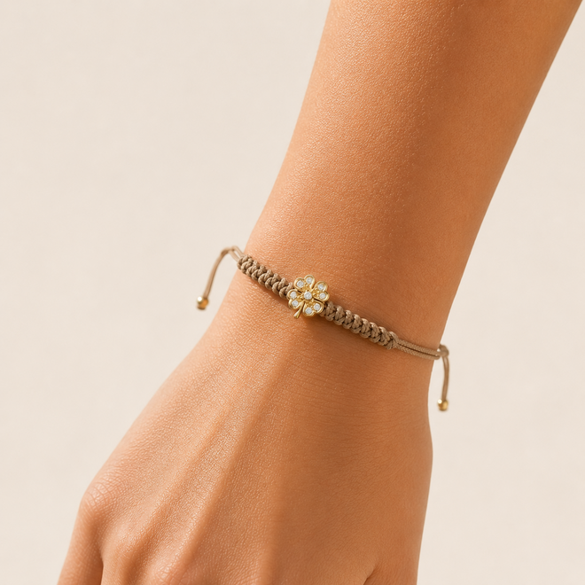 Franky's Treasure Klaver Diamant Satijnkoord Armband 18K Goud