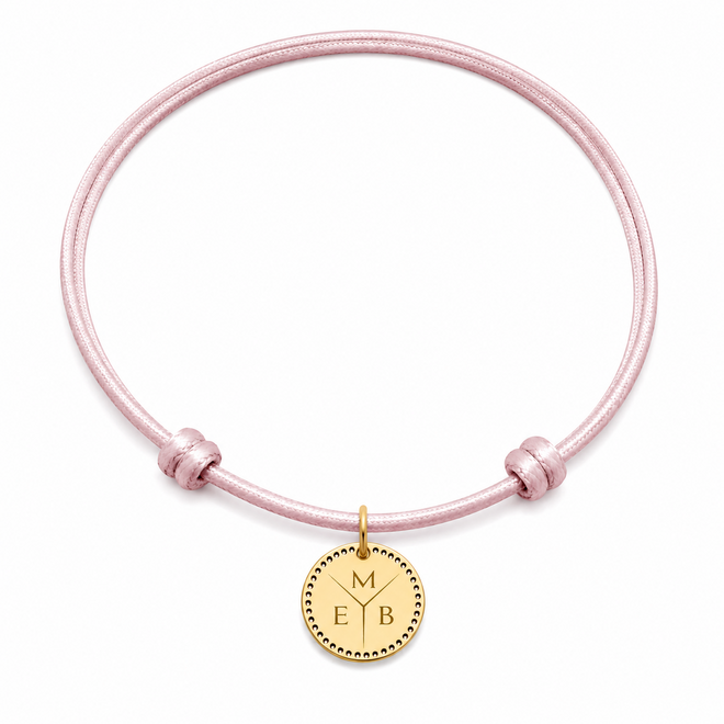 Identity Satijnkoord Ketting met Circle Perforated Mini 3 Letters bedel 14K Goud