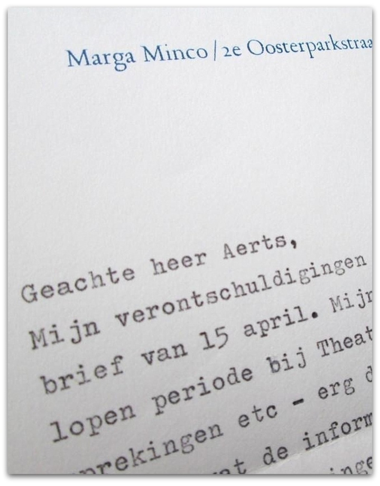 Marga Minco - Geachte heer Aerts,  [Originele brief in typoscript]