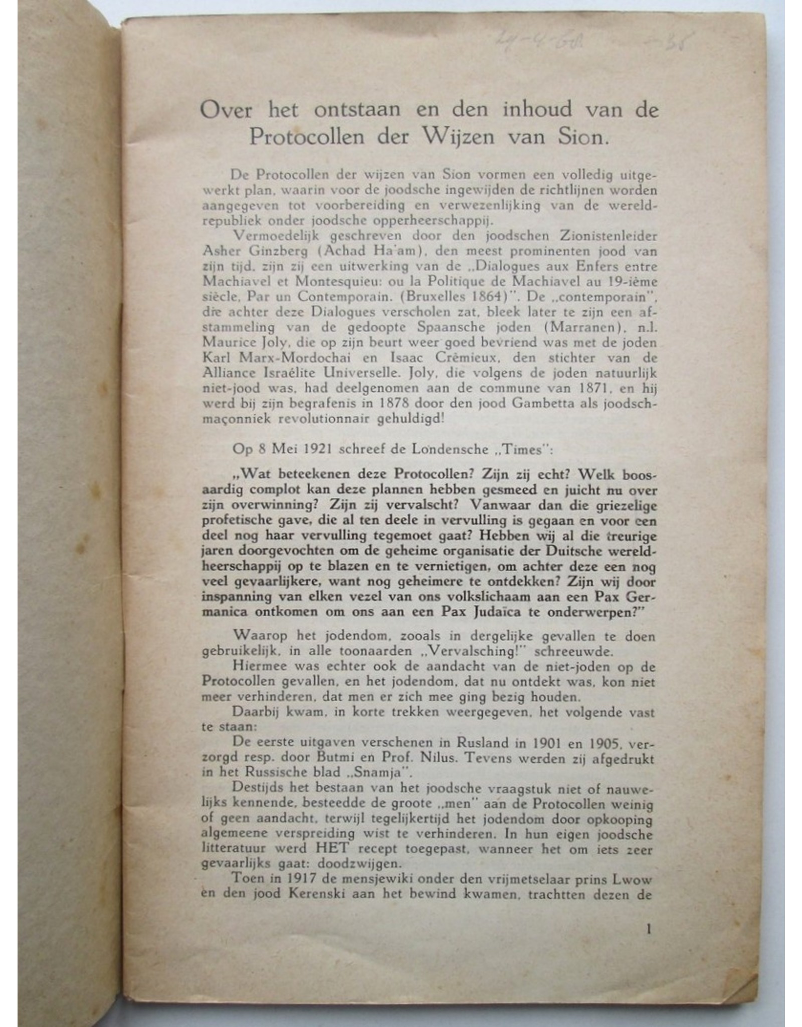 Misthoorn-serie No 5. De protocollen van de wijzen van Sion. Tekstvertaling  J. Nijsse (Jan Stoutenburg). Met inleiding van Dr. P. Molenbroek