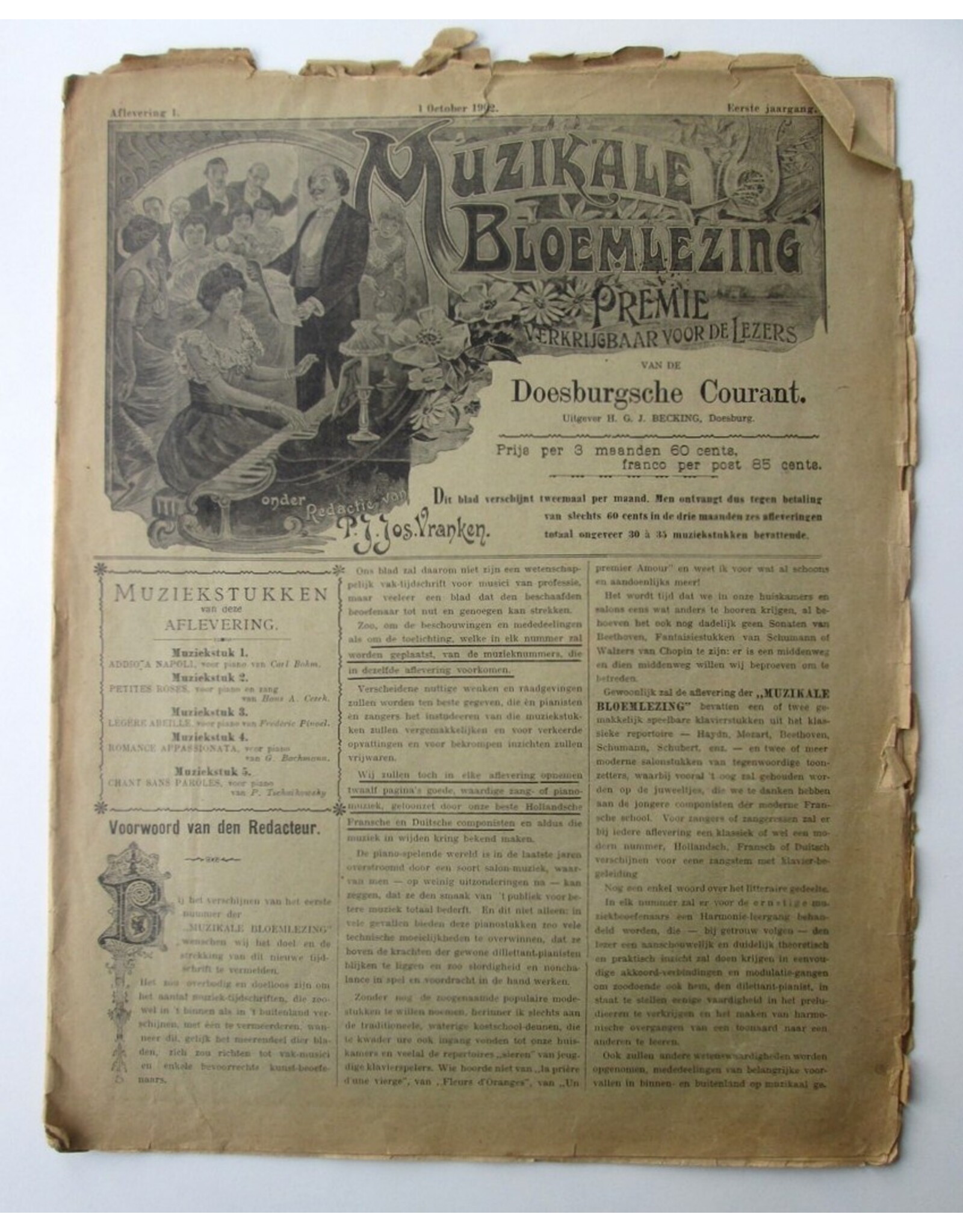 P.J. Jos Vranken - Muzikale Bloemlezing: Eerste jaargang, Aflevering 1. Premie verkrijgbaar voor de lezers van de Doesburgsche Courant
