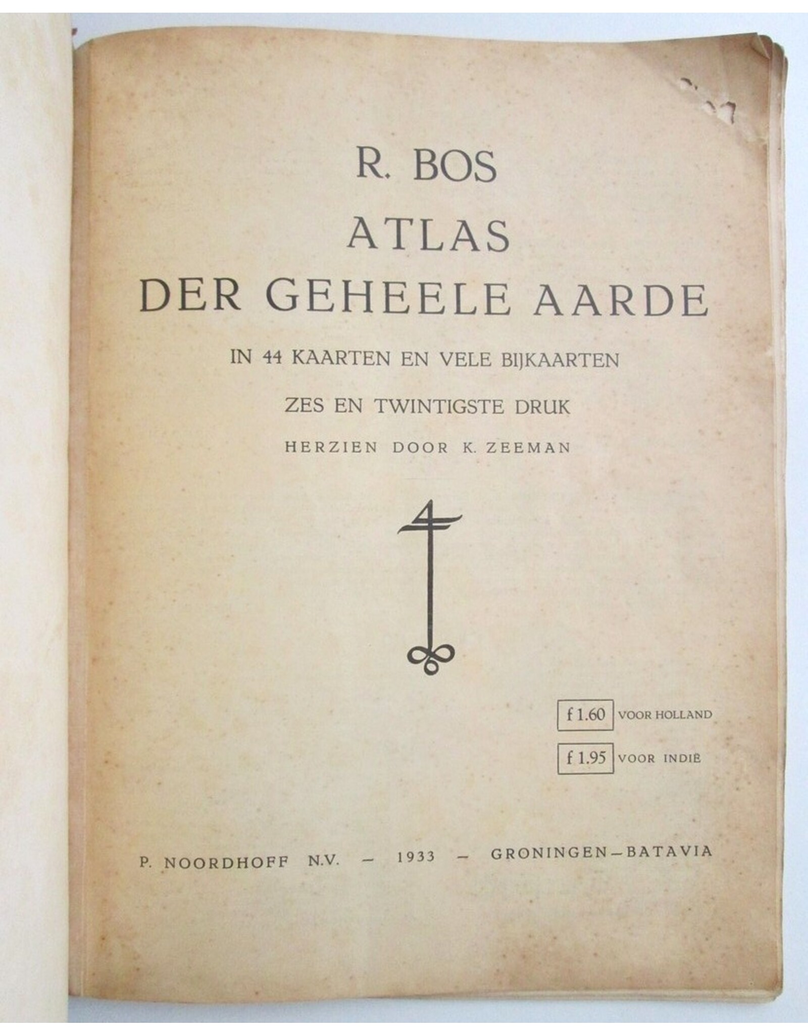 R. Bos - Atlas der geheele aarde in 44 kaarten en vele bijkaarten. Zes en twintigste druk. Herzien door K. Zeeman