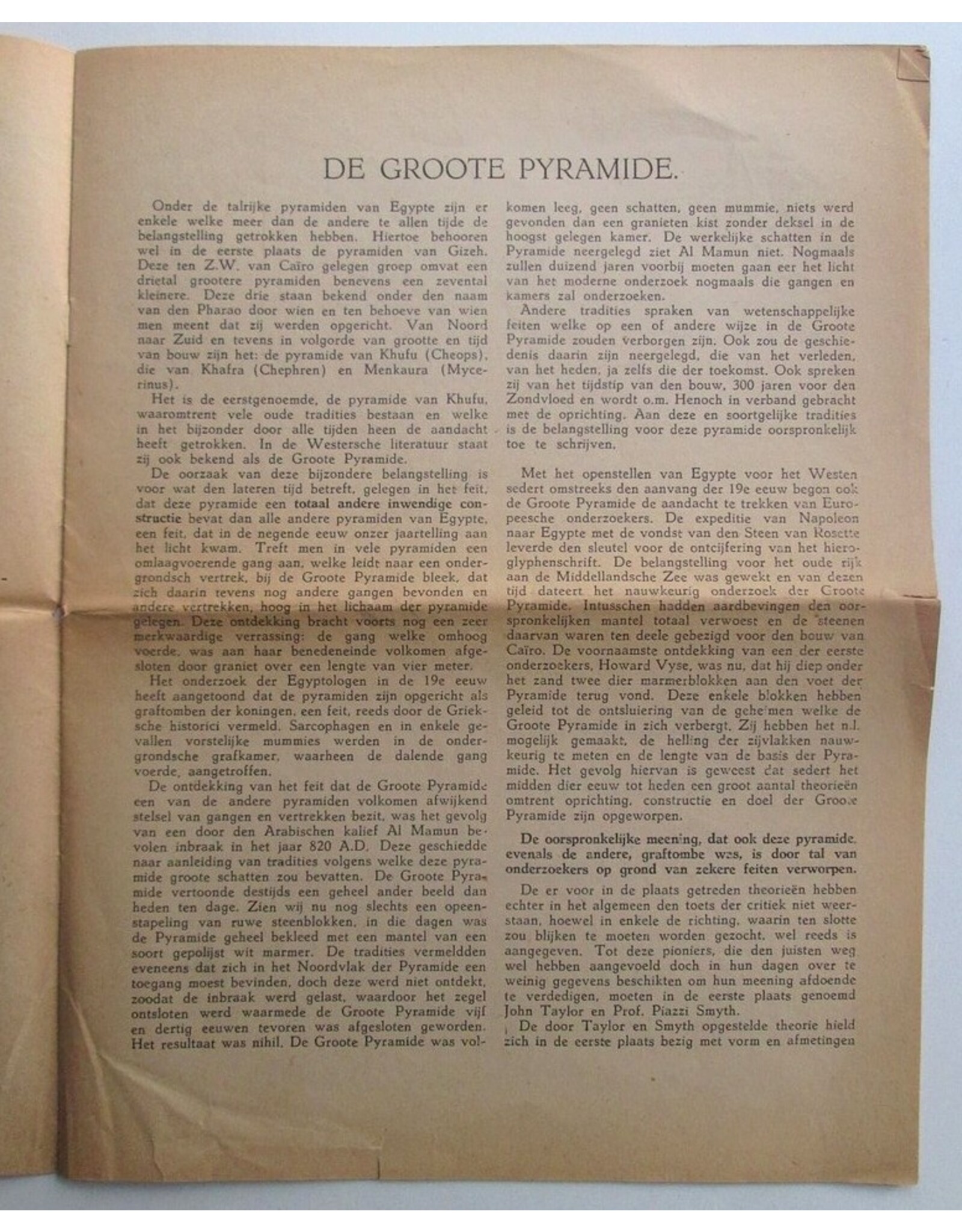 C.F.Ph.D. van der Vecht - "De Groote Pyramide en haar Openbaring". Kort overzicht van voordrachten