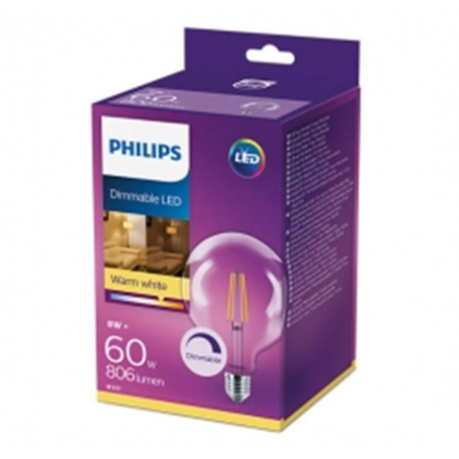 Philips E27 Led Filament Globe 120mm 8W 2700K 806lm - Dimbaar