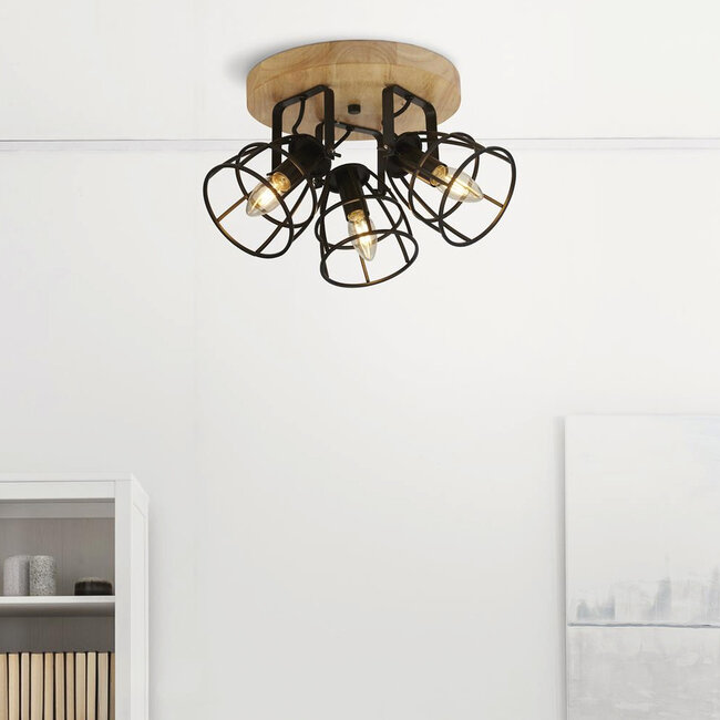 Searchlight Plafondlamp Vision 3L - Zwart/Hout