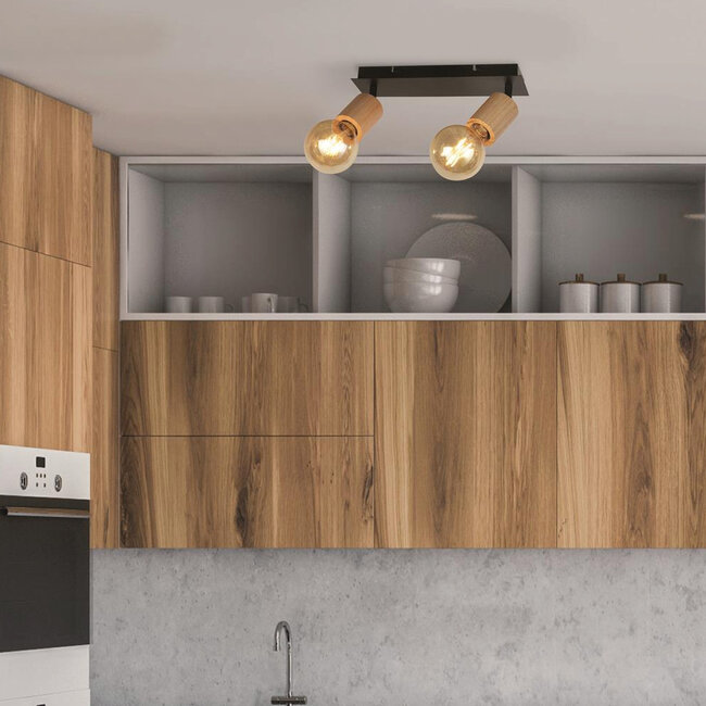 Searchlight Plafondlamp Spinny 2L - Zwart/Hout