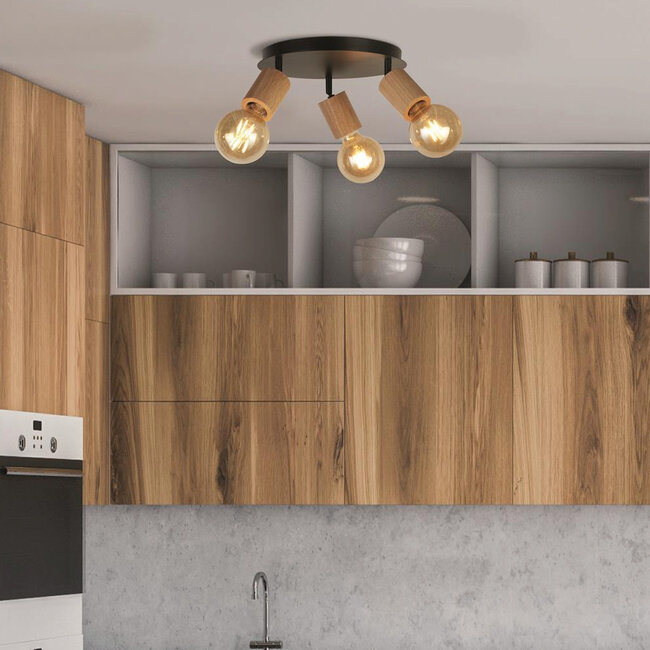 Searchlight Plafondlamp Spinny 3L - Zwart/Hout