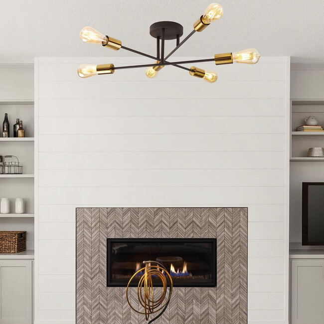 Searchlight Plafondlamp Armstrong 6L - Zwart/Goud