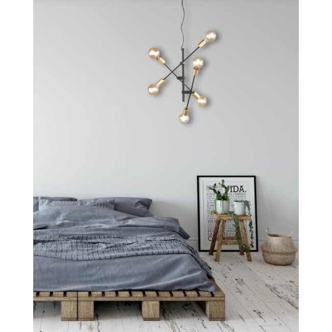Trio Leuchten Hanglamp Cross 6L - Mat Zwart/Goud