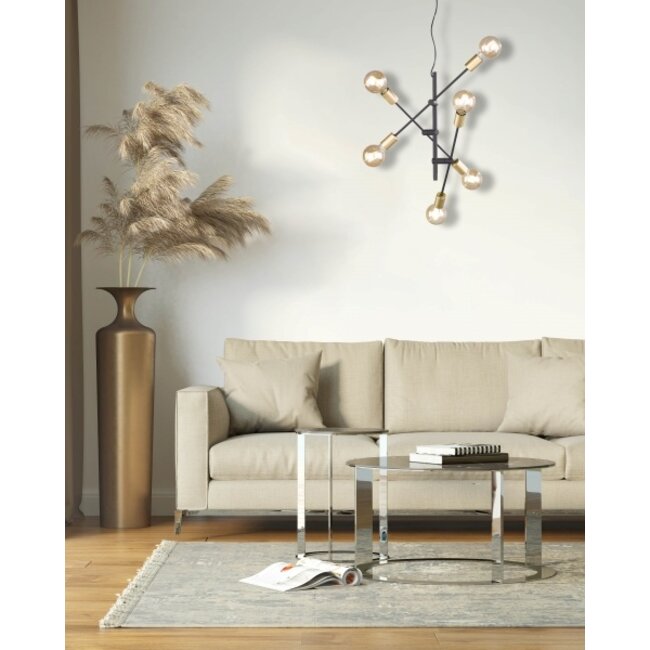Trio Leuchten Hanglamp Cross 6L - Mat Zwart/Goud