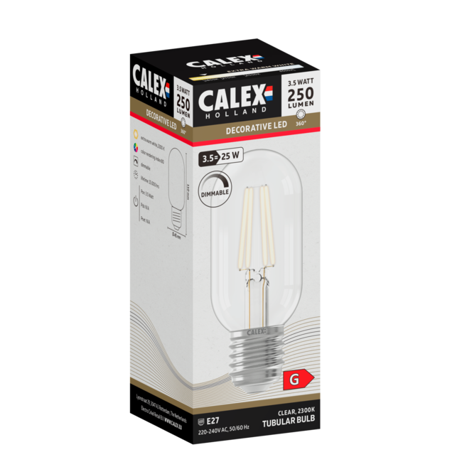 Calex E27 Led Filament Buis 110mm Clear 3,5W 2300K 350lm - Dimbaar