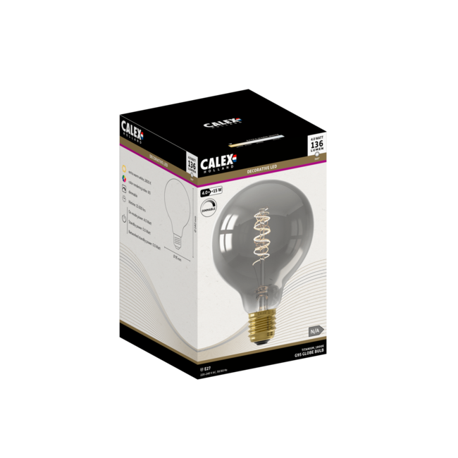 Calex E27 Led Filament Globe 95mm Smoke 4W 1800K 136lm - Dimbaar
