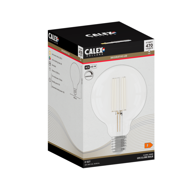 Calex E27 Led Filament Globe 95mm Clear 4,5W 2300K 470lm - Dimbaar